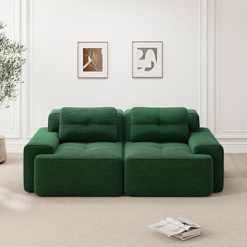 Yihomfy Canapé 2 Places Modulaire Désossé, Loveseat Small Canapé avec 2 Coussins, Confortable Velours Côtelé Cloud Canapé de Salon, sans Montage (Vert,...