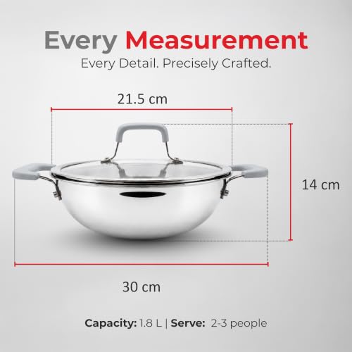 Image of Vinod Platinum Luxe Triply Stainless Steel Kadai with Glass Lid -20cm, 1.8L