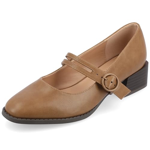 Journee Womens Mary Jane Outset Stacked Block Heel Buckle Strap Almond Toe Savvi Comfort Foam Pumps