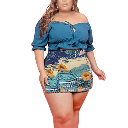 Image of Women Plus Size Skirt Two Piece Outfit Short Sleeve Off The Shoulder Crop Top shorts Dress Suit Set