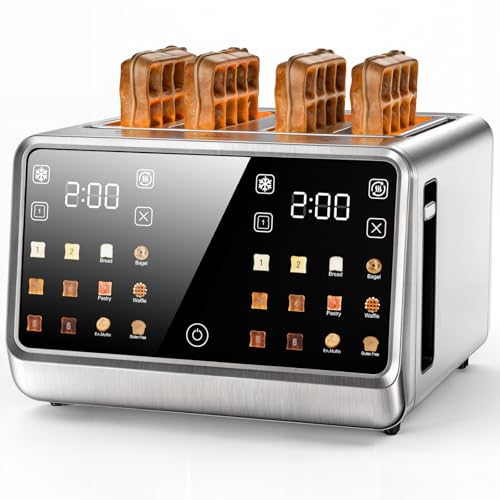 Smart Toaster 4 Slice Wide Slot– Dual Digital TouchScreen & Independent Control for Family | 1800W Stainless Steel for 6 Bread Types & Toast Settings | Defrost Reheat & Single-Slice Modes