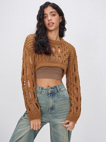 CIDER Cropped Sweaters for Women Knit Round Neckline Hollow Out Long Sleeve Crop Top Sweaters2
