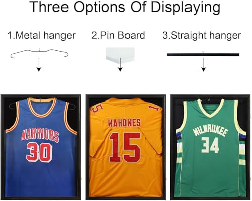 Jersey Frame Display Case-Jersey Display Shadow Box- Lockable Jersey Frame with 2 Wall Hangers and UV Resistant Acrylic-Display Case for Football Baseball Basketball Jersey-Black, Wood