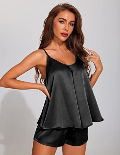 Ekouaer Womens Silk Pajamas Sets Cami Tops Shorts Sleepwear 2 Piece Pjs Black #TOP1