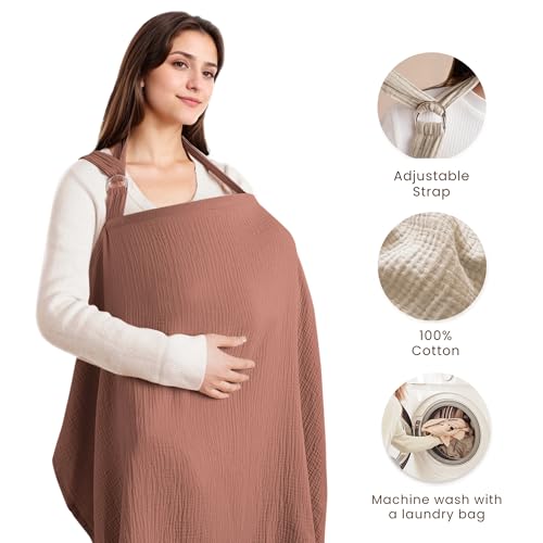 Image of Konssy Muslin Nursing Cover for Baby Breastfeeding, Breathable 100% Cotton Breastfeeding Cover with Rigid Hoop for Mother Nursing Apron, Multi-use Carseat Canopy (Chestnut)