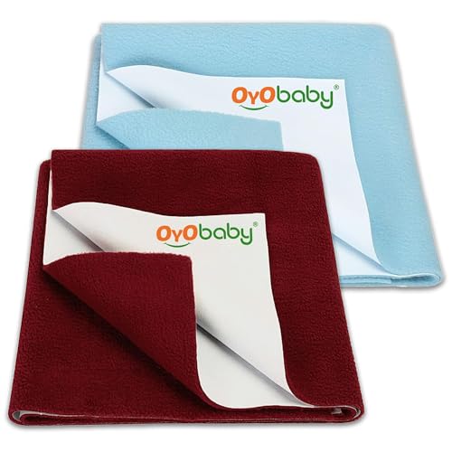 Image of OYO BABY Waterproof Small Baby Mattress Protectors 70x50 cm | Pack of 2 Dry Sheets | Quick-Dry, Extra Absorbent, Breathable, Soft for Newborn to 6 Months - Sea Blue + Maroon