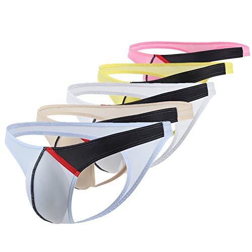 qudang Pack de 5 tangas para hombre de seda de hielo, ropa interior, calzoncillos de cintura baja, bikini de cintura baja, tanga en T, cómodas, transpirables, elásticas, para hombre, ropa de baño,