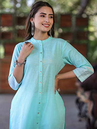 Image of Juniper Women's Pink Cotton Slub Embroidered Straight Kurta