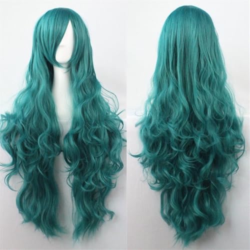 32" 80cm Long Hair Spiral Curly Wavy Synthetic Hair Cosplay Costume Wig Women(Green)