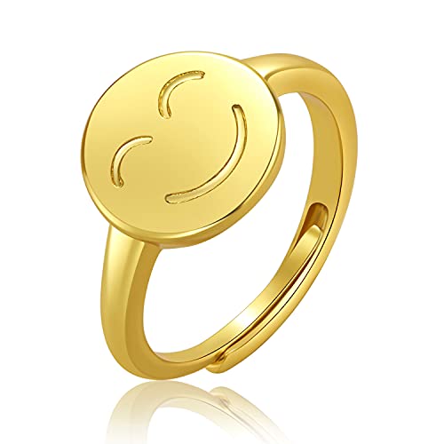 PLAINSHE Frauen-18 Karat Vergoldeter Lächelndes Ring,Gravierter Siegelring,Minimalistischer Verstellbarer Statement-Ring, Frauentag Geschenke für Mutter, Frau, Tochter, Frauen Cover