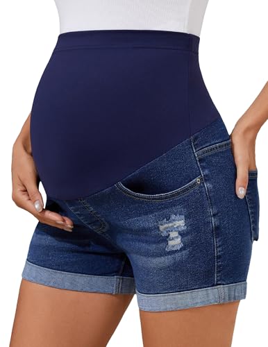 Image of PACBREEZE Women's Maternity Jean Shorts Over Belly Stretch Denim Shorts Trendy Summer Pregnancy Clothes