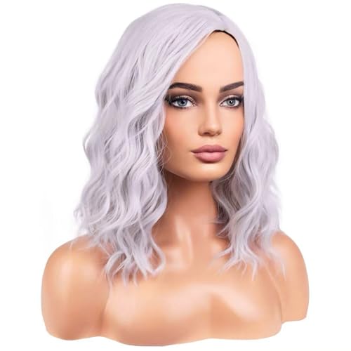 Image of BERON Silver Wigs for Women Girls Short Curly Wavy Wig Grey 14 inch Body Wave Halloween Cosplay Daily Party Wigs