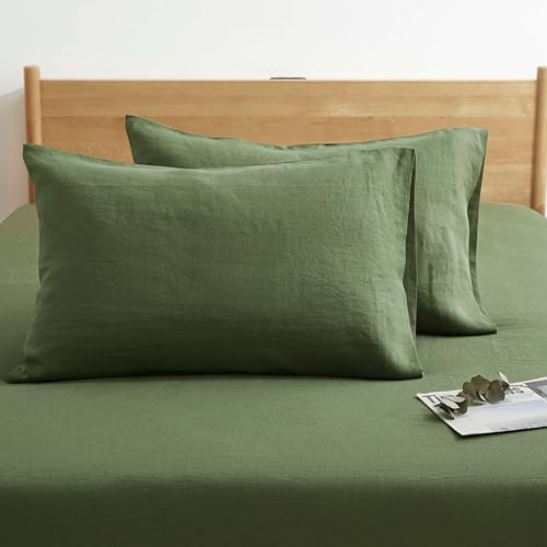 Image of ATLINIA 100% Pure Flax Linen Bedding Set - Stone Washed French Linen Fabric Deep Pocket Fitted Sheet Farmhouse Flat Sheet 2 Pillowcases (Green, California King)