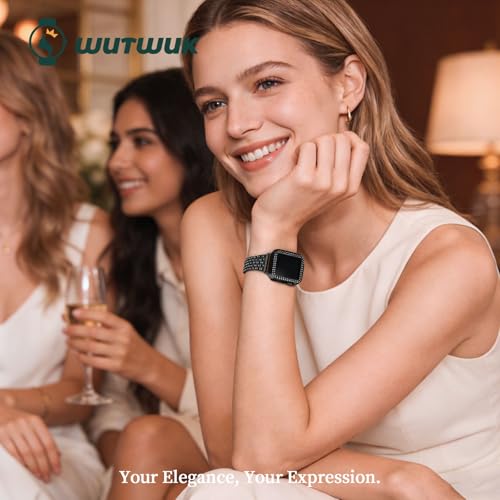 Image of Wutwuk Compatible Bling Apple Watch Strap 40mm with Bling Case, Black Sparkling Metal Woman iWatch Replacement, Black Strap Diamond Rhinestone Wristband for Apple Watch Series SE 2 SE 6 5 4 40mm Black