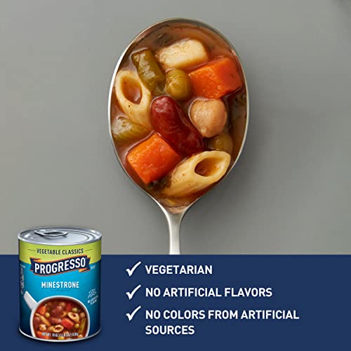 Image of Progresso Minestrone Soup, Vegetable Classics Canned Soup, 19 oz | Beans, penne rigate pasta & vegetables, No artificial flavors, Good source of fiber, Vegetarian