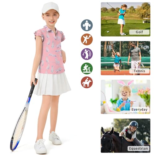 Image of Soneven Girls Ruffle Sleeve Polo Shirts V-Neck Golf Tennis T-Shirts Uniform Shirts Quick Dry for 4-14 Years