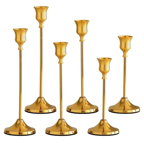 6 PCS Brass Gold Candle Holders Taper Candlestick Stand Vintage Metal Elegant Christmas Candle Holder Centerpiece for Wedding Holiday Brass Candle Stick Holders Candlelight Dinner Home Decor Gift