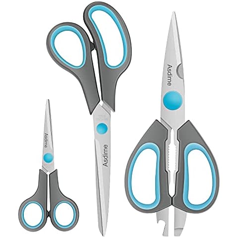 Asdirne Scissors, Kitchen Scissors with Sharp Stainless Steel Blades and Soft Handles, Multifunctional Scissors Set, 3PCs, Blue/Grey Cover