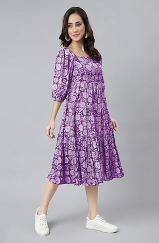Image of Janasya Women's Cotton Floral Print Flared Dress