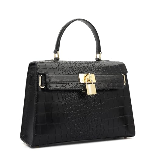 Image of Da Milano Leather Satchel Bag for Women - Black (Medium) (LB-01298OL)