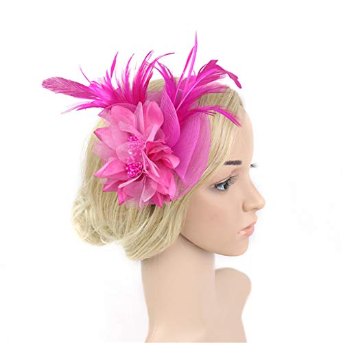 Fin86 Summer Feather Multicolor Womens Flower Derby Hats For Cocktail Ball Wedding Headband Colorful And Charming Hairwear Hot Pink #TOP3