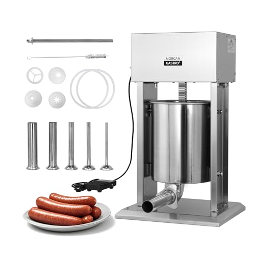 20LBS/10L Electric Sausage Stuffer - Commercial-grade stainless steel with 5 tubes, foot pedal & speed control. Perfect for home/professional use