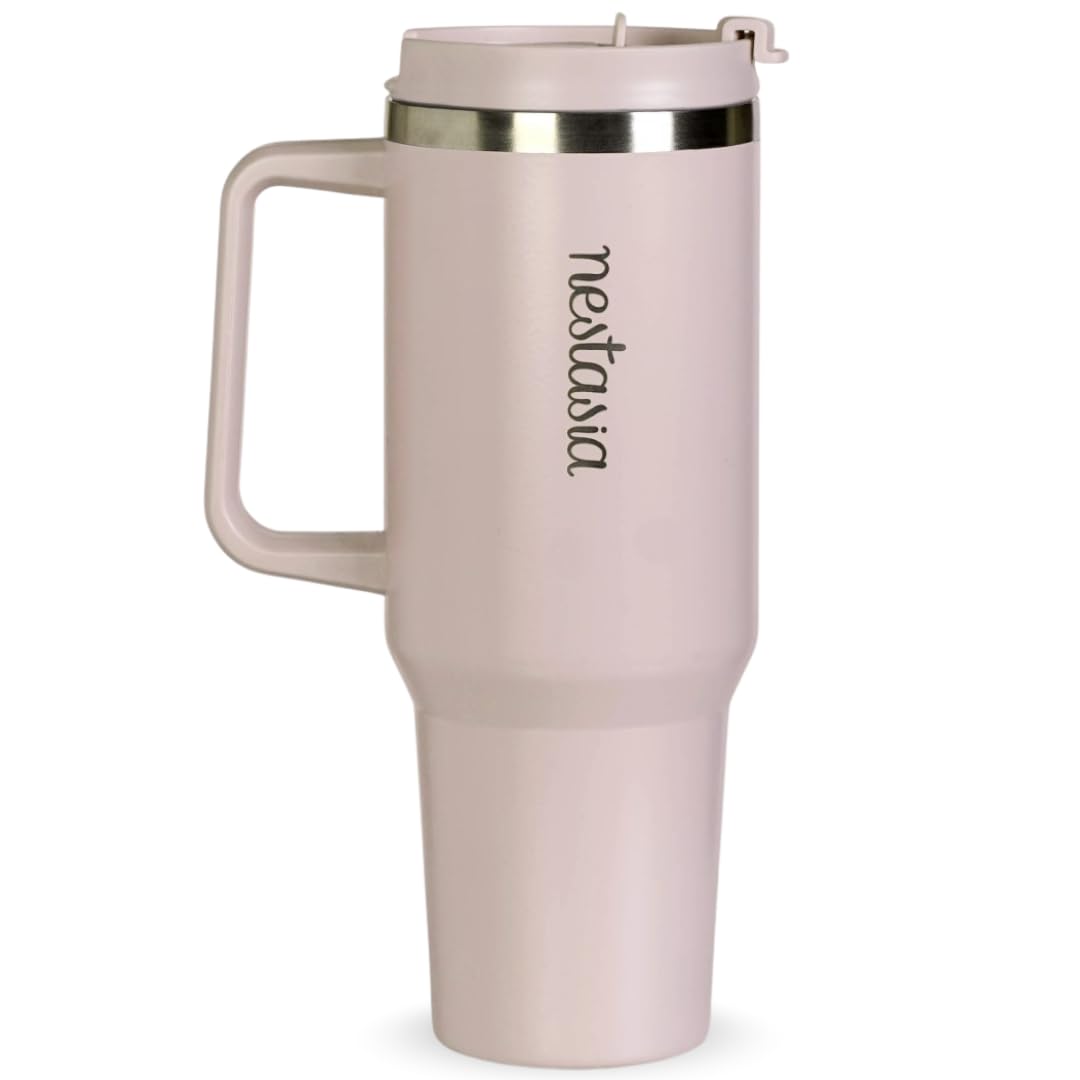 Nestasia GripSip40 Tumbler with Straw & Side Handle 1.2L | Insulated Stainless Steel Sipper Water Bottle for Adults with Dual Flip Opening Sip-Swig Leakproof Lid for Office & Gym (Rosy Taupe)