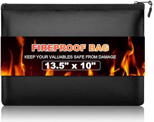 Nliyeisu Fireproof Money Bag, 13.5 x 10 Inch, Fire Proof Bag for Documents, Waterproof Travel Document Holder & Organizer for Cash, Passport, Credit Cards - Portable Fire Resistant Pouch for Home