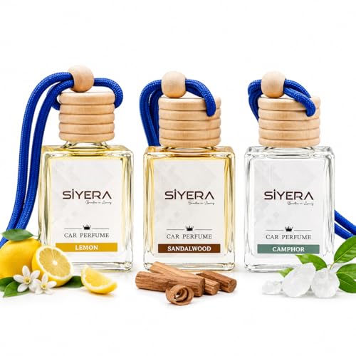 Image of SiYERA Hanging Car Perfume Combo (Lemon, Sandalwood & Camphor) | Long Lasting Air Freshener for Car | Premium Wooden Diffuser Bottle | Fresh Fragrance for Car Interior, Office & Home Decor
