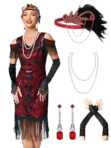 MTITE Great Gatsby Dresses 1920s for Women, Vintage Long Fringe Dress Roaring 20s Sequins Beaded Dress with Accessories Set (RED, S)