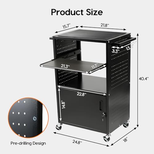 AV Cart with Wheels & Power Strip, Lockable Steel Computer Cart with Cabinet & Pull-Out Keyboard Tray, Projector Media Cart with Pegboard & Hooks for School Office Classroom