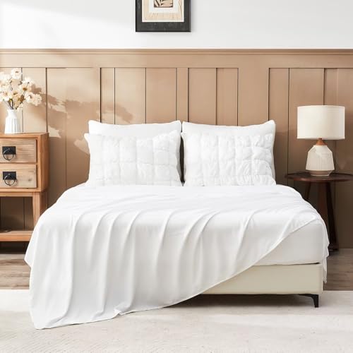 Image of White Comforter Set Full Size Bed in A Bag 7 Piece Pinch Pleat Bedding Set, Pintuck Ruched Square Bed Set with Comforter, Sheets, Pillowcases & Shams