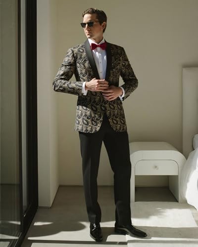 YND Men's Paisley Tuxedo Jacket, One Button Dress Suit Blazer, Floral Coat with Bow Tie for Dinner Party Prom Wedding3