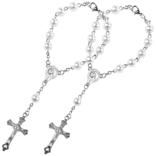 2PCS Rosary for Rearview Mirror, Black Rosary Pendant Car Interior Rear View Mirror Charm Auto Decor, Medal and Cross Personalized Hanging Accessories for Women Men (White)