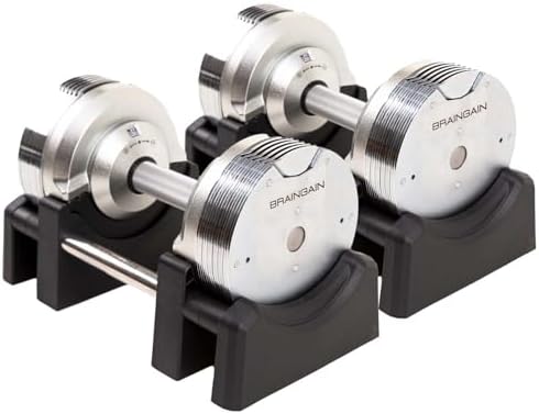 BRAINGAIN Verstelbare Dumbbell Set 23,5kg/32,5kg/41,5kg – Nu met 34mm Gen 4-handvat – Wissel gewichten in 1 sec – Ruimtebesparende homegym – Meerdere gewichten in één – Chroom/Zwart