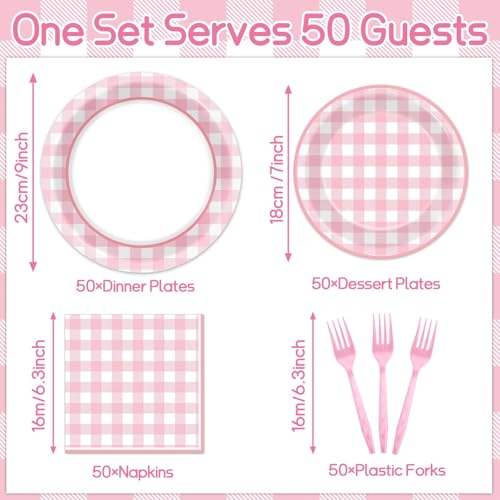 Image of 200 PCS Pink Checkered Tableware Disposable Pink And White Checkered Party Supplies Dinnerware Set Plaid Plates Outdoor Supplies Girls Barbecue Picnic Birthday Party Decoration Serve 50 guest