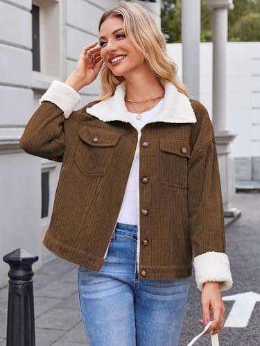 ZAFUL 2024 Womens Sherpa Fleece Jacket Button Down Corduroy Shacket Casual Winter Warm Coat With Pockets3