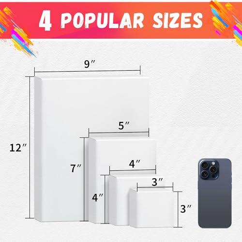 Image of FIXSMITH Stretched Canvas for Painting, 3 inchx3 inch, 4 inchx4 inch, 5 inchx7 inch, 9 inchx12 inch, Pack of 4, Pre-Primed Canvases Wood Framed Canvas Boards for Oil Acrylic Paint, Acid-Free Painting Canvas for Kids &Artists