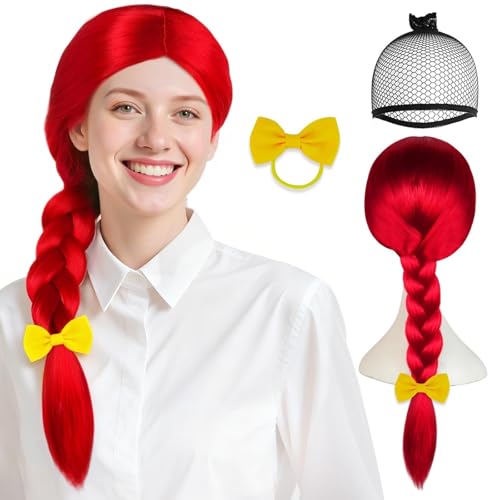 IMEYLE Long Red Wigs for Women Bright Red Braided Wig Cowgirl Cosplay Wig Straight Middle Part No Bangs for Cosplay Halloween Costume Outfit Party Wigs+Bowknot+Hair Cap