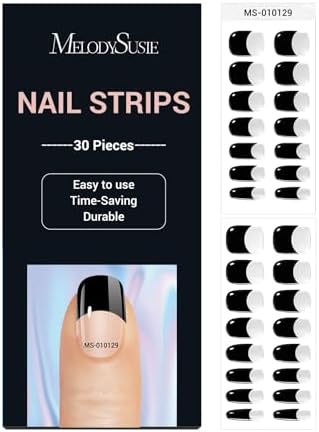 MelodySusie 30PCS Semi Cured Gel Nail Strips (Black French Tip), Gel Nail Stickers Work with UV Light, Salon Quality, Long Lasting, Easy to Apply, Includes 2 Prep Pads, Nail File and Wooden Stick
