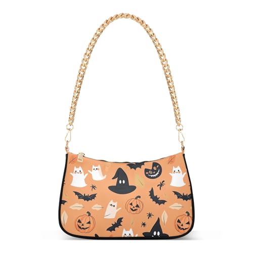 Halloween Pumpkin and Bat Shoulder Bag for Women, Handbag with Chain Strap, Soft Purse Tote Bag for Ladies