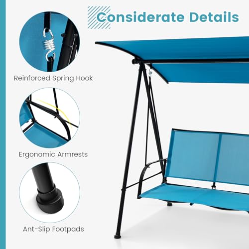 Image of HAPPYGRILL Outdoor Patio Swing for 2 Person, Porch Swing Chair w /Adjustable Canopy, Heavy-Duty Metal Frame, Breathable Seat Fabric, Patio Loveseat Swing for Backyard, Balcony, Poolside