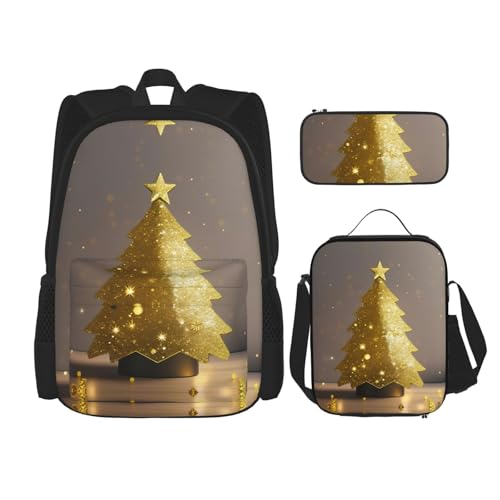 nanger Golden Glitter Christmas Tree Print 3-Piece Set Backpack, Lunch Bag And Pencil Case, For Travel, College, And Daily Use