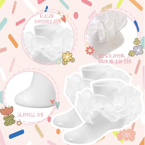 3 Pairs Cute Lace Trim White Ruffle Socks for Girls, Comfortable Frilly Ankle Socks for Big Kids2