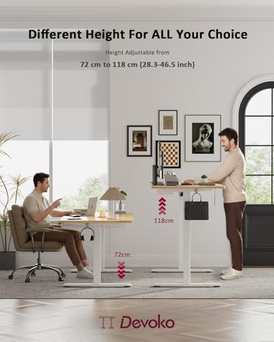 Devoko Electric Standing Desk 140x70cm, 18mm Thick Tabletop, Sit-Stand Height Adjustable with Sedentary Reminder, USB Charging Port, 3 Memory Smart Panel, Heavy-Duty Steel Frame (Beige)