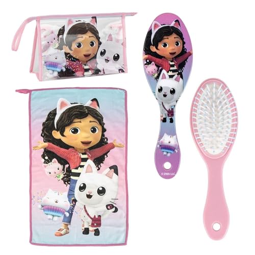 Neceser Aseo Viaje Gabby's Dollhouse Peine, Toalla y Bolsa de Aseo Infantil - Set de Higiene Personal Portátil para Niñas Fans de Gabby’s Dollhouse