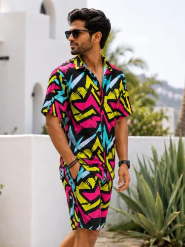 Image of BROWN CULTURE Men's Cotton Blend Printed Co Ord Set | Casual Matching Shirt and Shorts | Relaxed Home Wear | Comfortable Night Suit | Lounge Outfit | Everyday Leisure Clothing
