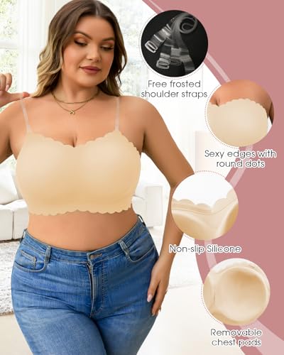 Image of Plus Size Strapless Bras for Women Strapless Push up Bra | Clear straps,No-Slip,Wireless,Full Coverage Bandeau,Jelly Support Technology,Smooth shaping,Everyday ladies strapless bras