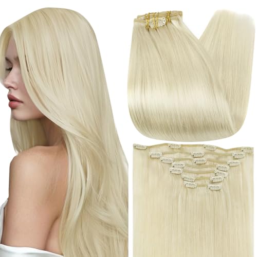 Full Shine Clip in Blonde Human Hair Extensions 24 Inch White Clip in Hair Extensions for Women Double Weft Natural Clip in Extensions Real Human Hair 120 grams 7 Pcs Ice Blonde