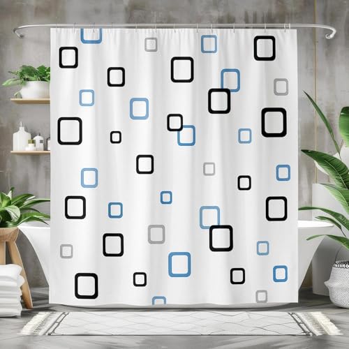Rideau de douche rétro chic bleu et noir idéal pour baignoire d'angle